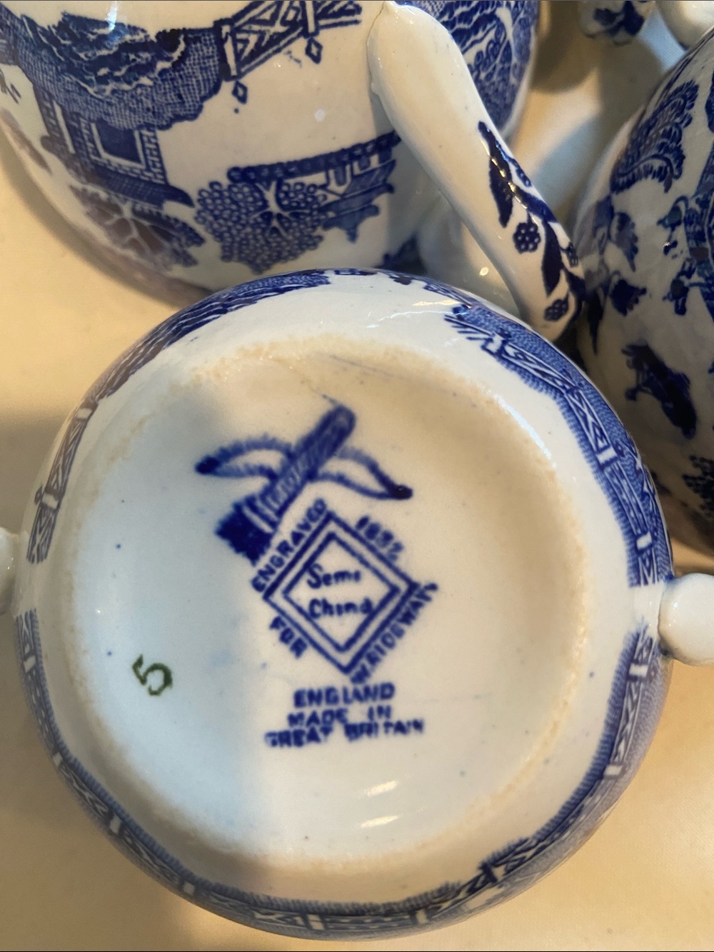 🩷Antique Blue Willow SoupCup Double Handles Ingraved For W.Ridgway &Co- Set of 4 - Picture 8 of 8